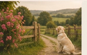 Dog sitting beside a country lane