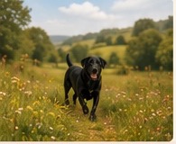 Dog walking in rolling countryside