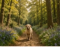 Dog standing in a woodland path